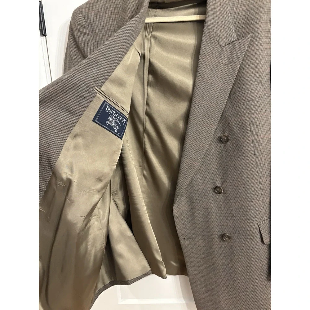 Vintage Burberry Men's Houndstooth‎ Double Breasted Wool Blazer Sport Coat 46 L
